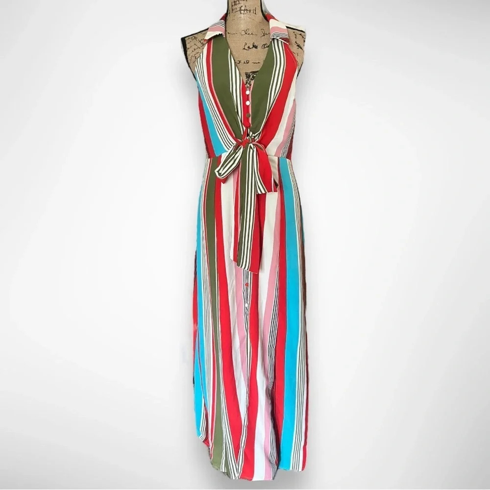 LULUMARI Women's Striped Maxi‎ Dress With Collar Tie Front Detail Medium | EUC
